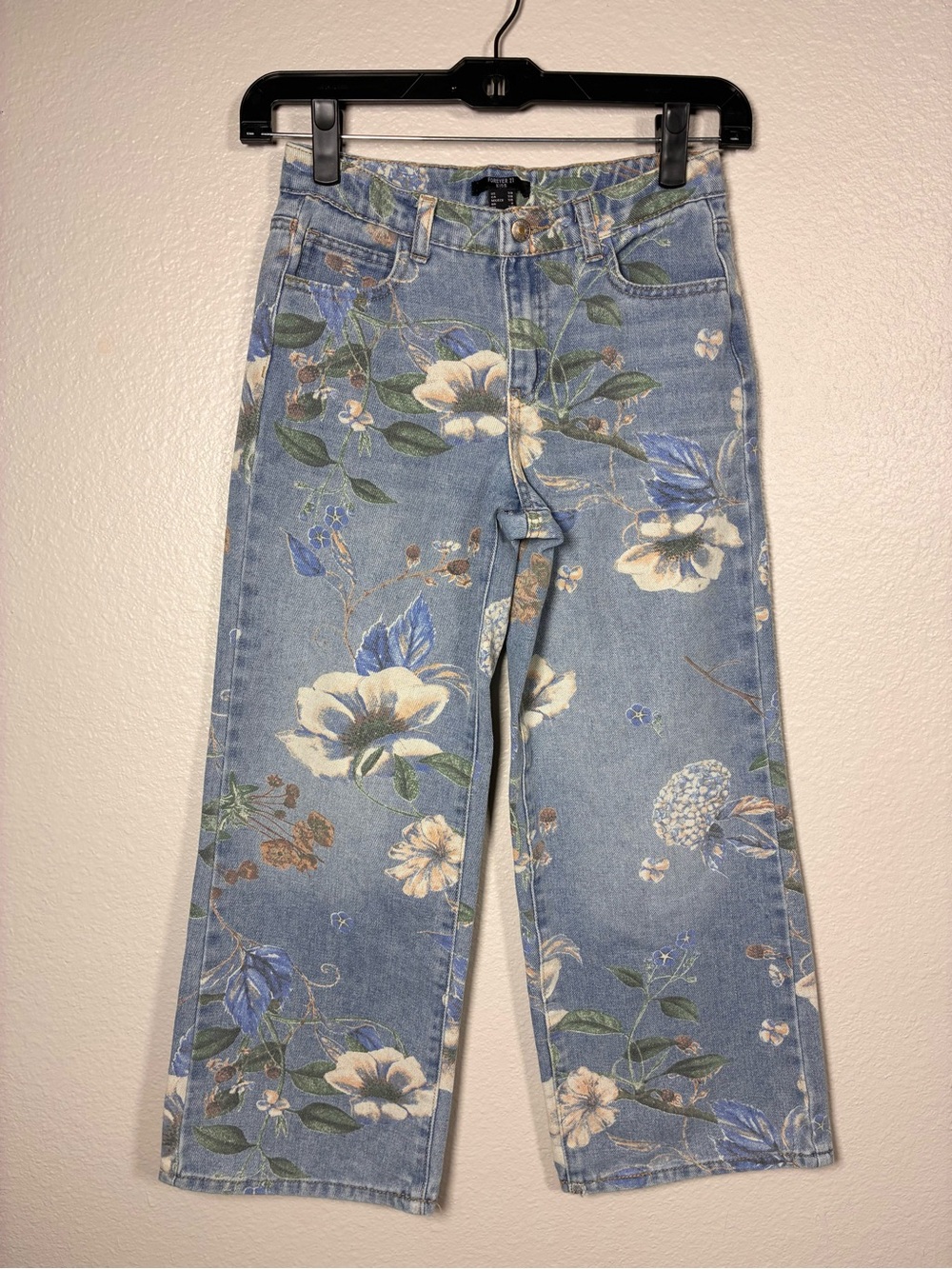 Forever 21 Girls 7/8 Floral Wide Leg Jeans Vintage Cottagecore Adjustable Waist